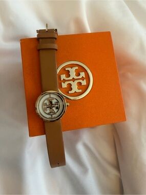 Tory Burch Tan Leather Strap Gold-Tone Logo Dial Watch